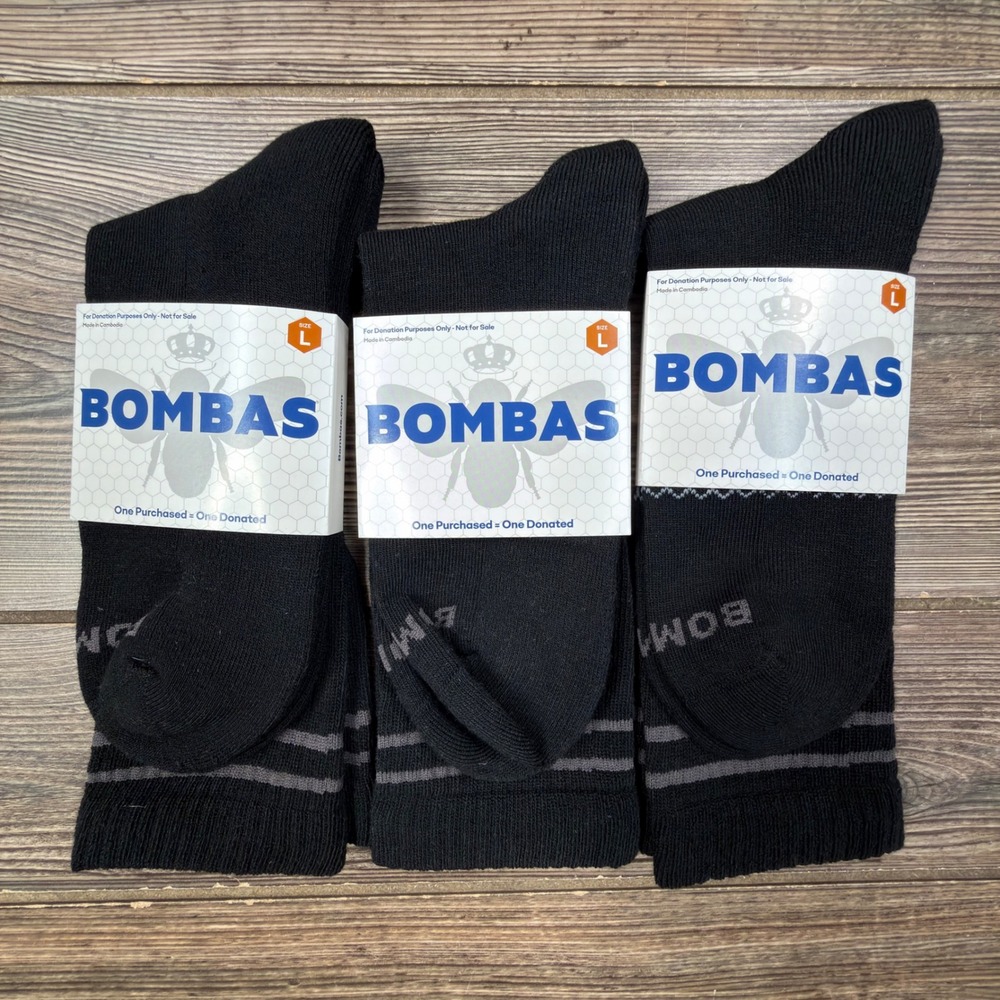 Bombas Mens Size Large Crew Socks Black Grey Stripe 3 Pair RN155348 New